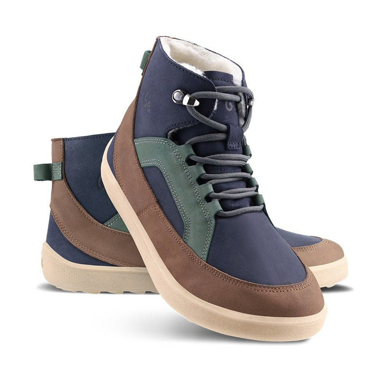 Pair of Be Lenka Adults Boots York - Navy/Brown/Beige, one angled and leaning showing the outer side, the other partially showing the inner side