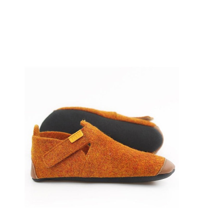 Pair of Tikki Kids Ziggy Wool Shoes - Gingerbread, one showing the outer side and the other showing the sole view.