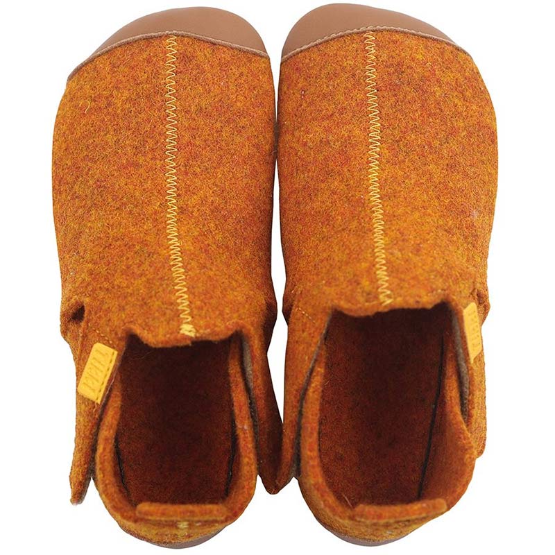 Pair of Tikki Kids Ziggy Wool Shoes - Gingerbread, top view.