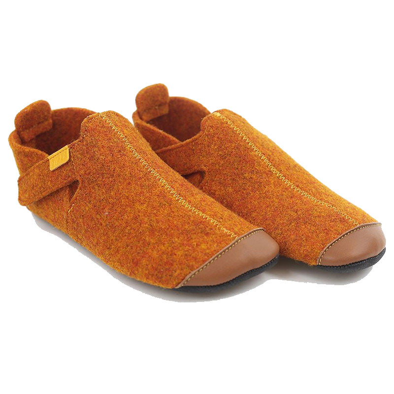 Pair of Tikki Kids Ziggy Wool Shoes - Gingerbread, angled view showing outer side and front.