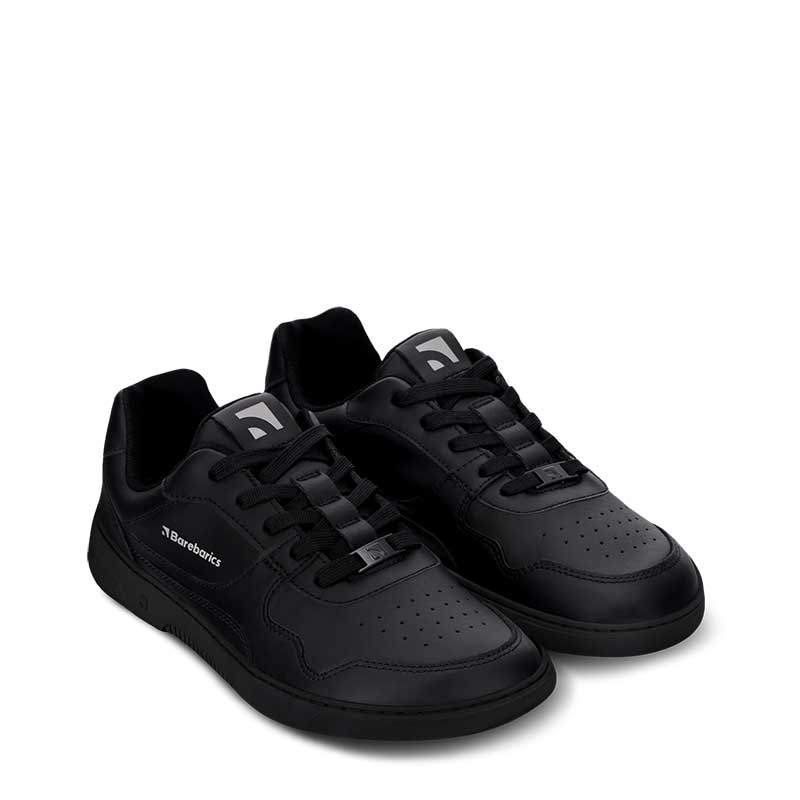 Pair of Be Lenka Adults Barebarics Leather Trainers Zing - All Black, angled side view