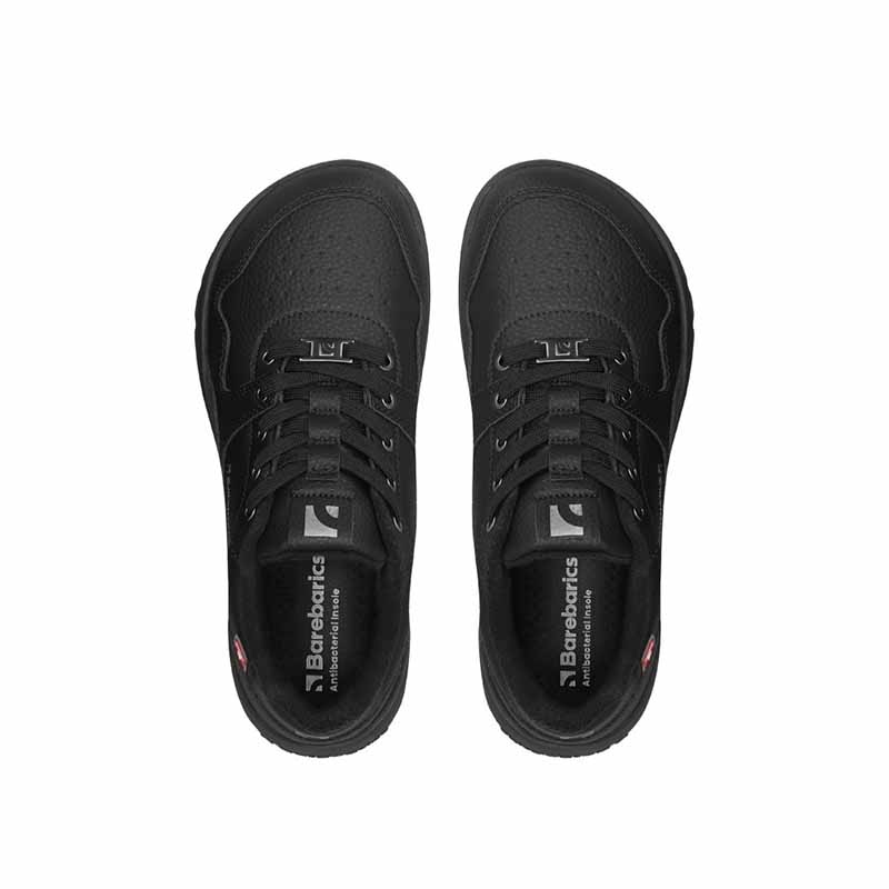 Pair of Be Lenka Adults Barebarics Trainers Zing Frost - All Black, top view showing laces and toe box