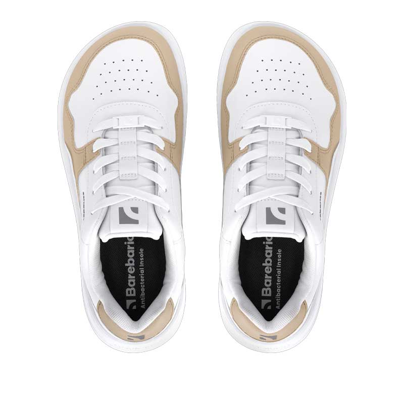 Pair of Be Lenka Adults Barebarics Leather Trainers Zing - White and Cream, view from above showing toe box and laces